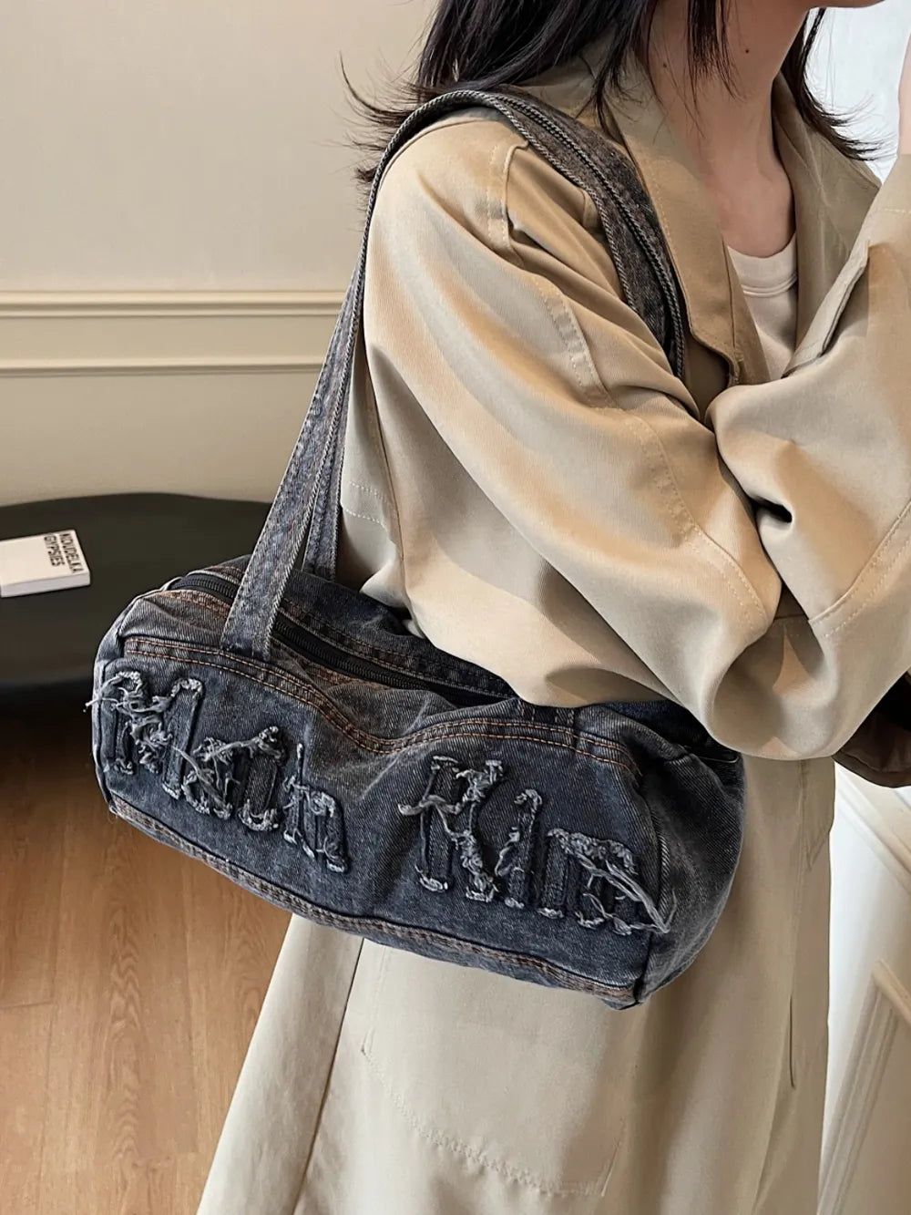 Letter Raw Edge Denim Handbag - Tote Bag by Trendsi | Available at Handbags Specialist Headquarter