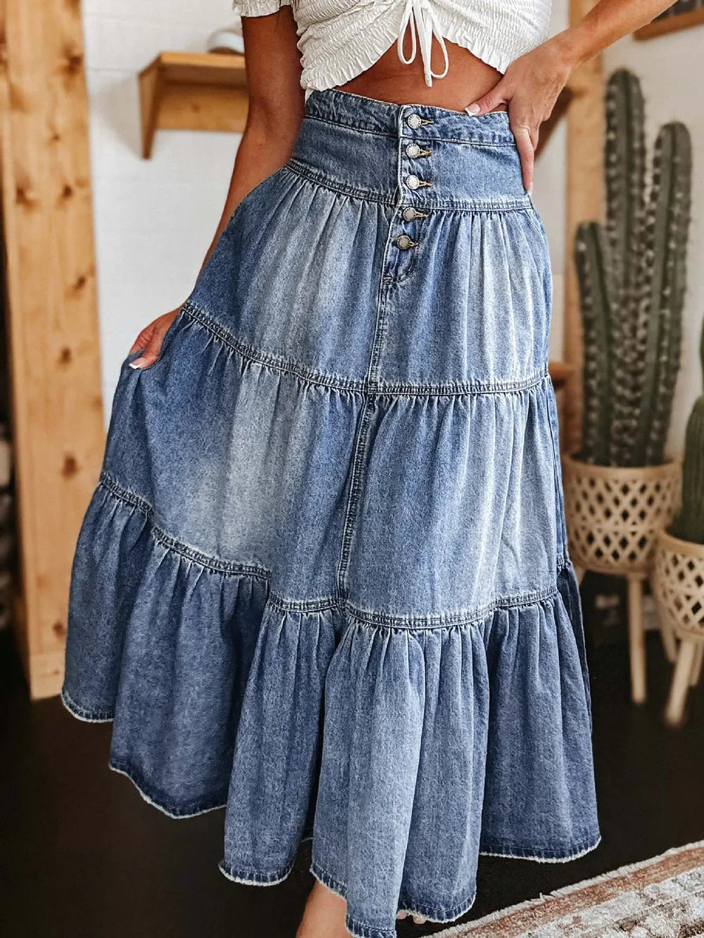 Tiered Button-Fly Denim Skirt - Skirts by Trendsi | Available at Handbags Specialist Headquarter
