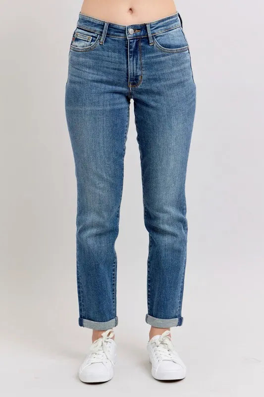 Judy Blue Full Size Mid Rise Skinny Cuff Jeans with Pockets Plus Size - Women / Jeans & Denim by Trendsi | Available at Handbags Specialist Headquarter