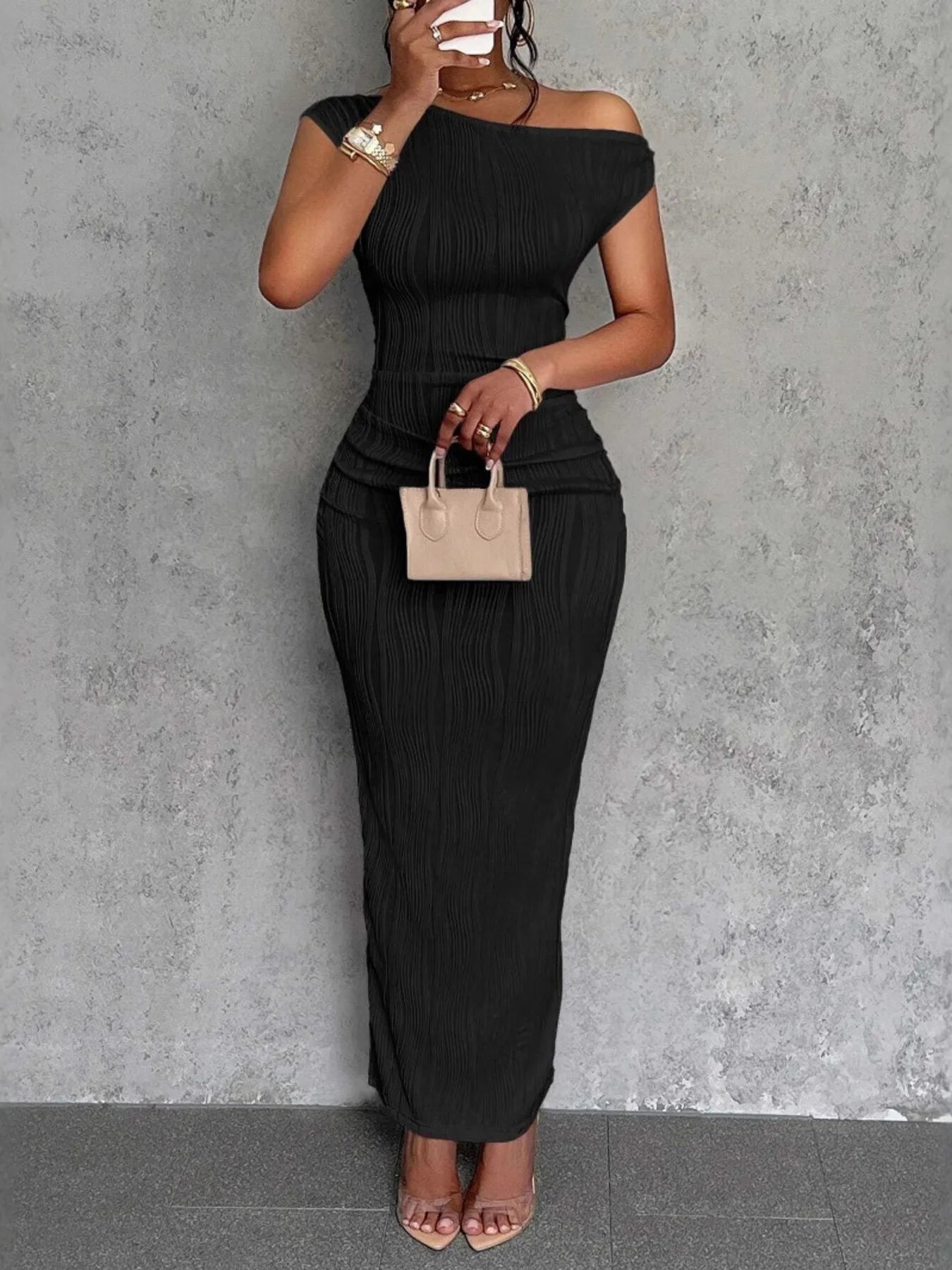 Textured Single Shoulder Bodycon Maxi Dress - Maxi Dress by Trendsi | Available at Handbags Specialist Headquarter