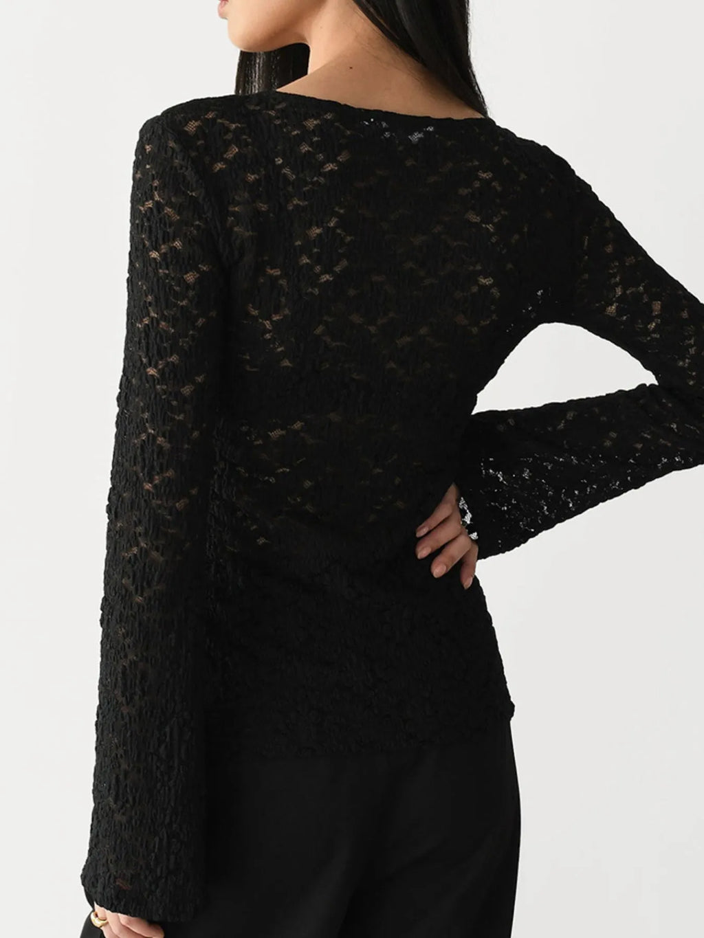 Lace V-Neck Flare Sleeve T-Shirt - Tops by Trendsi | Available at Handbags Specialist Headquarter