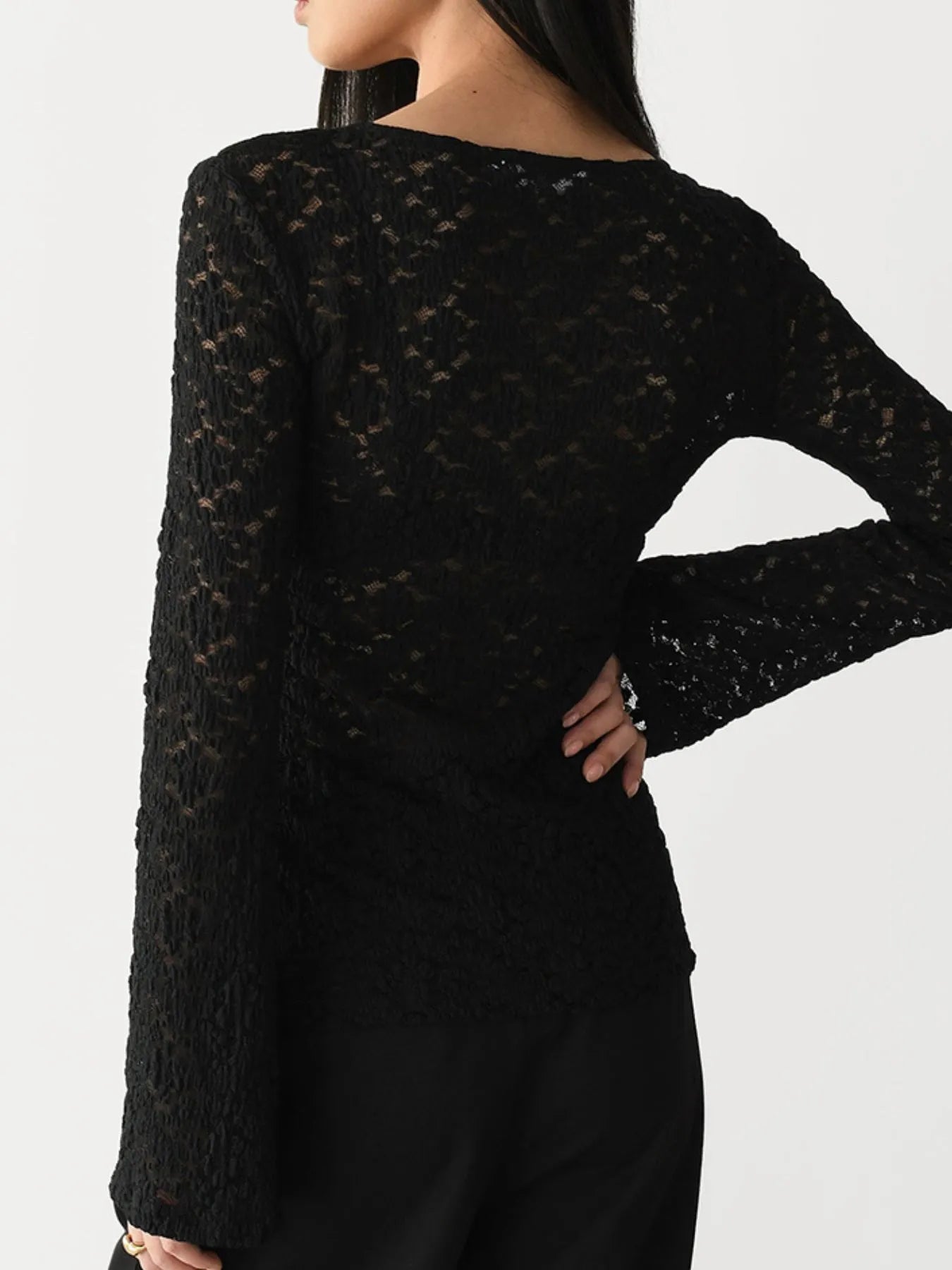 Lace V-Neck Flare Sleeve T-Shirt - Tops by Trendsi | Available at Handbags Specialist Headquarter