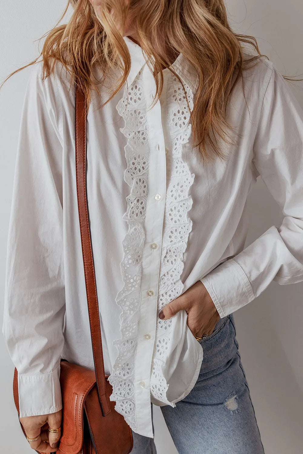 Eyelet Button Down Long Sleeve Shirt - Women's Down Shirt Tops by Trendsi | Available at Handbags Specialist Headquarter