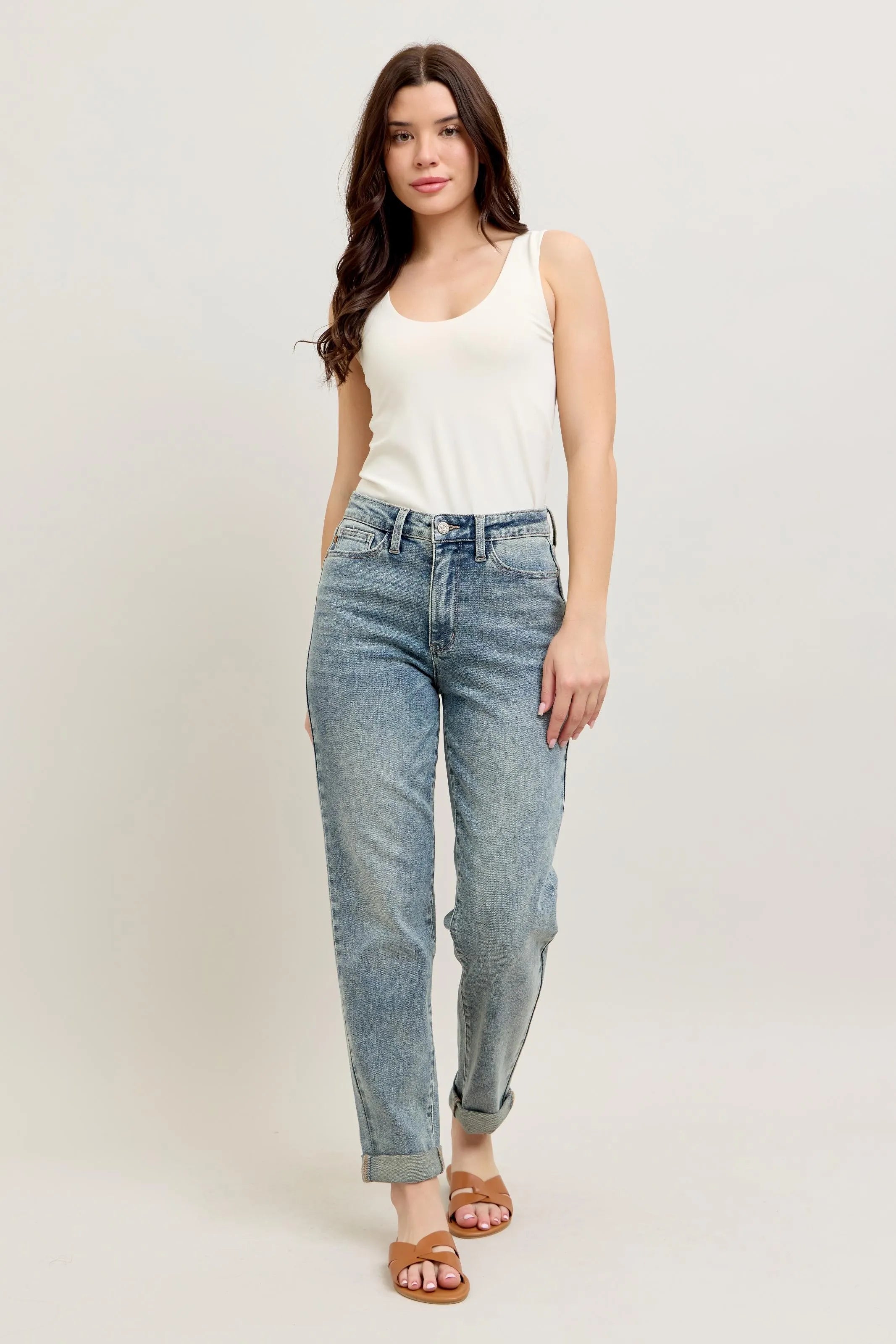 Judy Blue Full Size Hw Vintage Wash Double Roll Cuff Bf Jeans Plus Size - Women / Jeans & Denim by Trendsi | Available at Handbags Specialist Headquarter