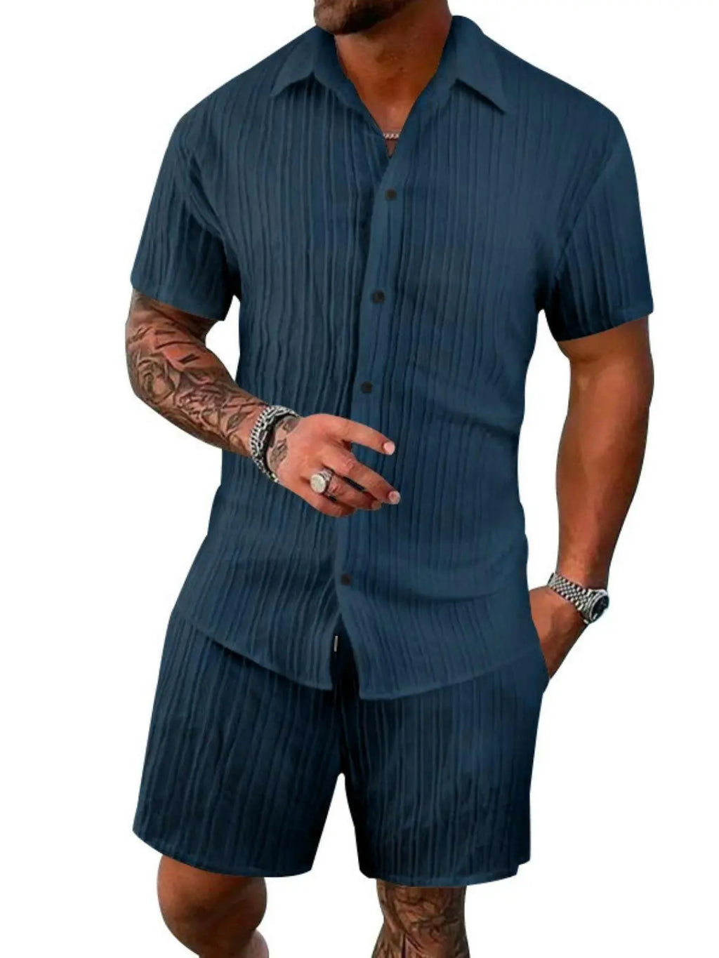 Men's Full Size Button Down Short Sleeve Shirt and Shorts Set Plus Size - Men's Sets by Trendsi | Available at Handbags Specialist Headquarter