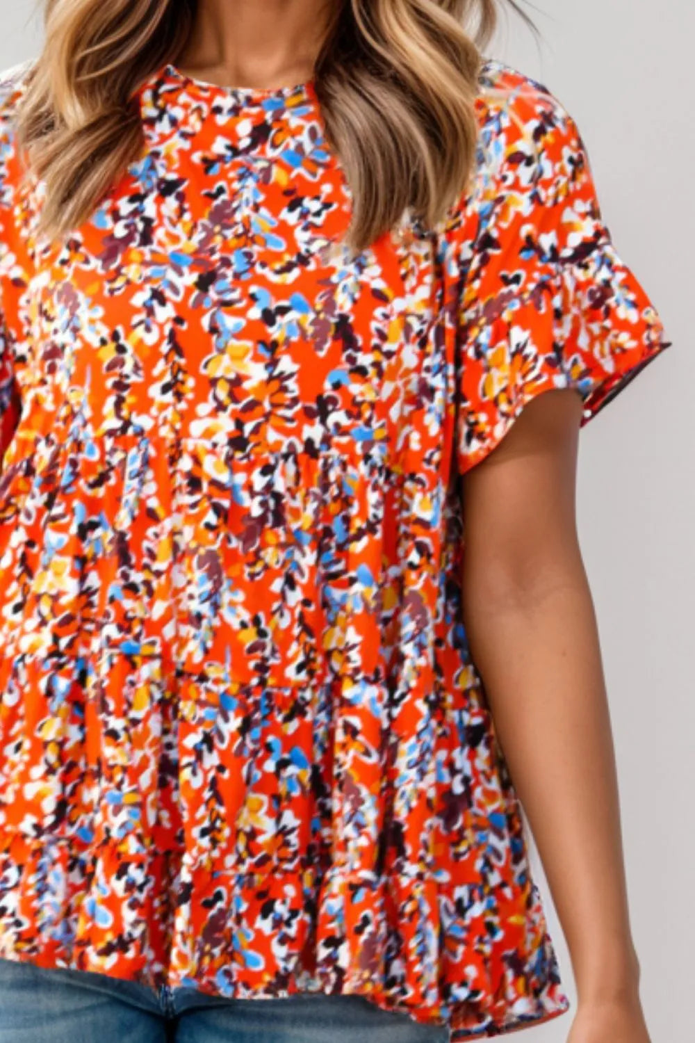 Plus Size Floral Round Neck Tiered Blouse - Plus Size Shirts by Trendsi | Available at Handbags Specialist Headquarter
