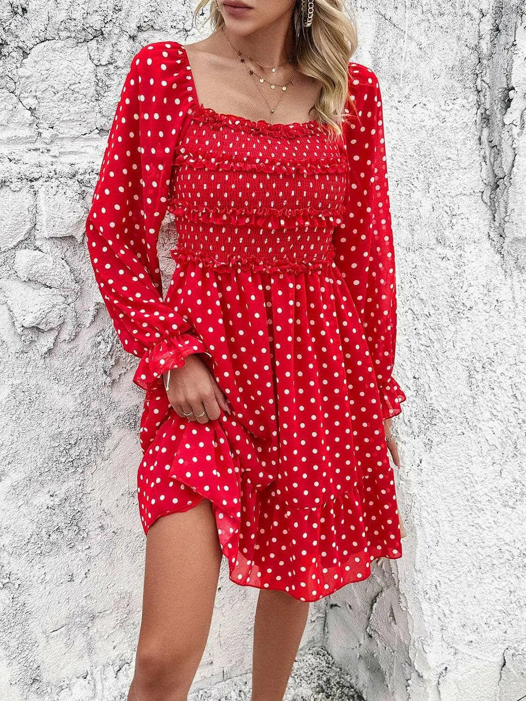 Smocked Polka Dot Long Sleeve Dress - Dresses by Trendsi | Available at Handbags Specialist Headquarter