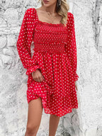 Smocked Polka Dot Long Sleeve Dress - Dresses by Trendsi | Available at Handbags Specialist Headquarter