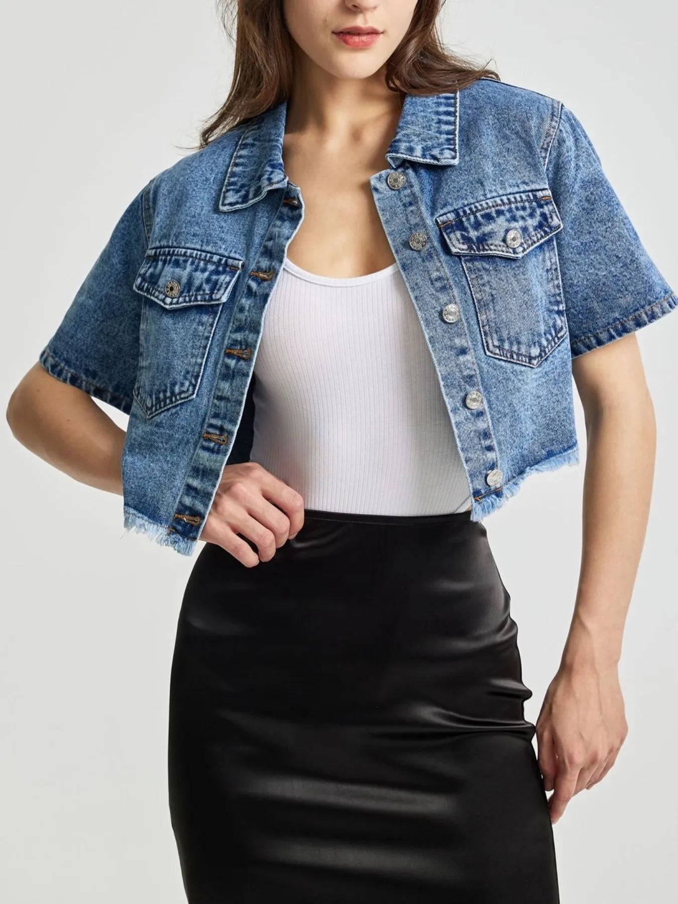 Cropped Short Sleeve Denim Jacket with Frayed Hem - Women / Jeans & Denim by Trendsi | Available at Handbags Specialist Headquarter