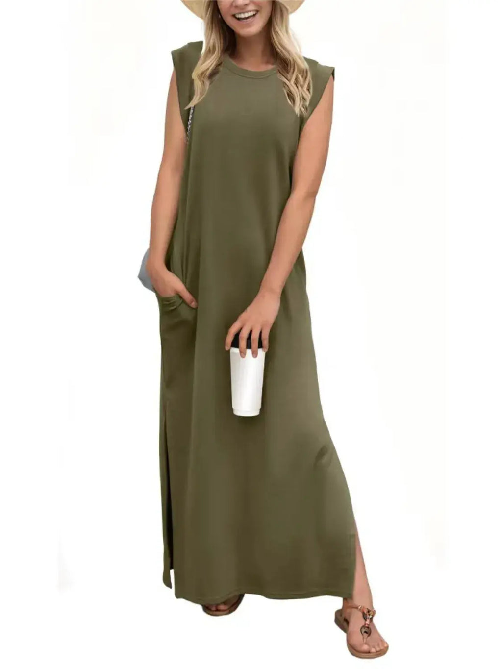 Full Size Slit Round Neck Sleeveless Maxi Tank Dress Plus Size - Women Plus Size by Trendsi | Available at Handbags Specialist Headquarter