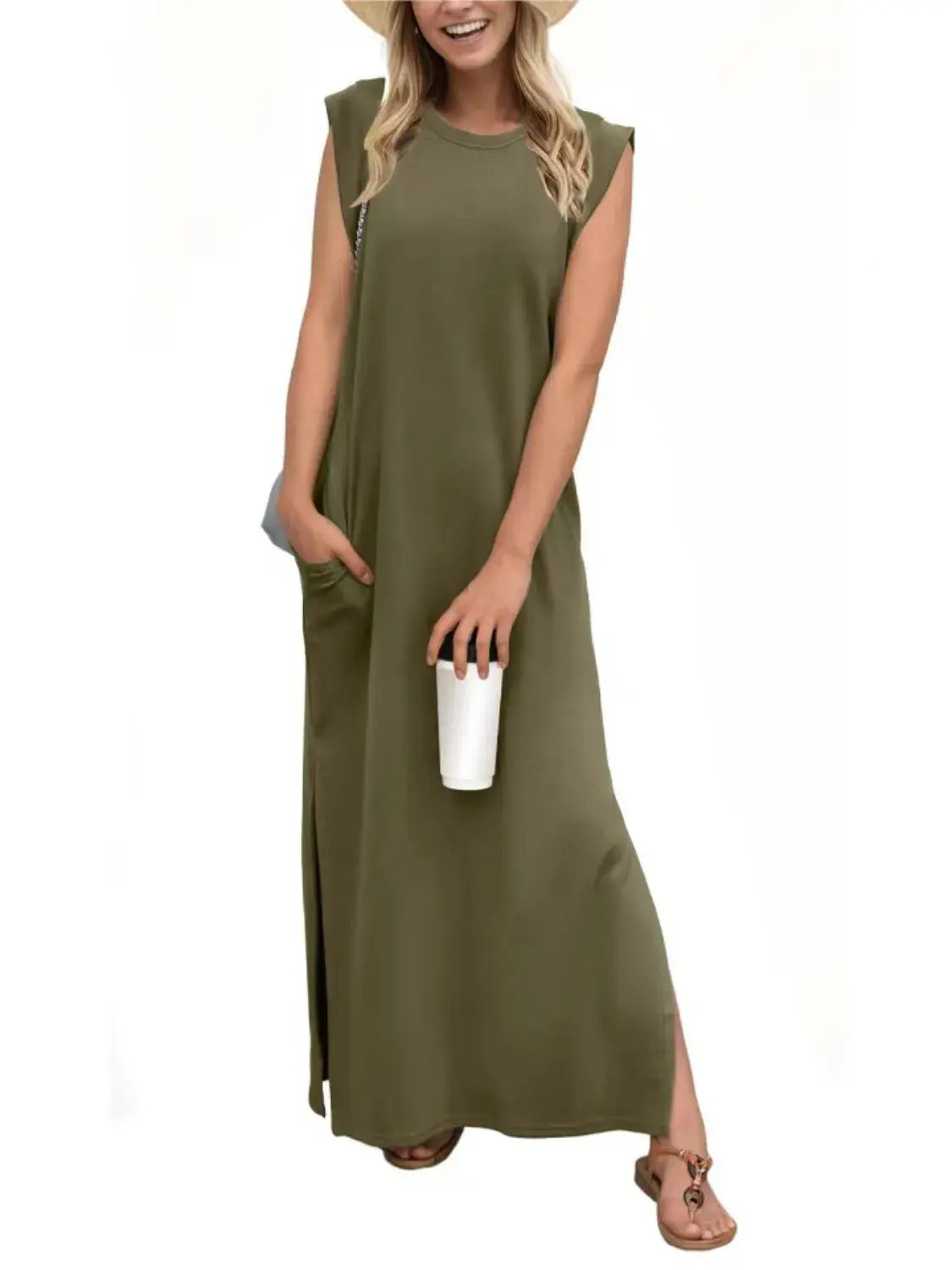 Full Size Slit Round Neck Sleeveless Maxi Tank Dress Plus Size - Women Plus Size by Trendsi | Available at Handbags Specialist Headquarter