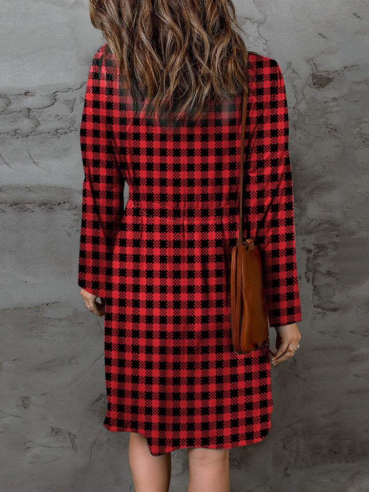 Double Take Full Size Plaid Round Neck Long Sleeve Magic Dress - Dresses by Trendsi | Available at Handbags Specialist Headquarter