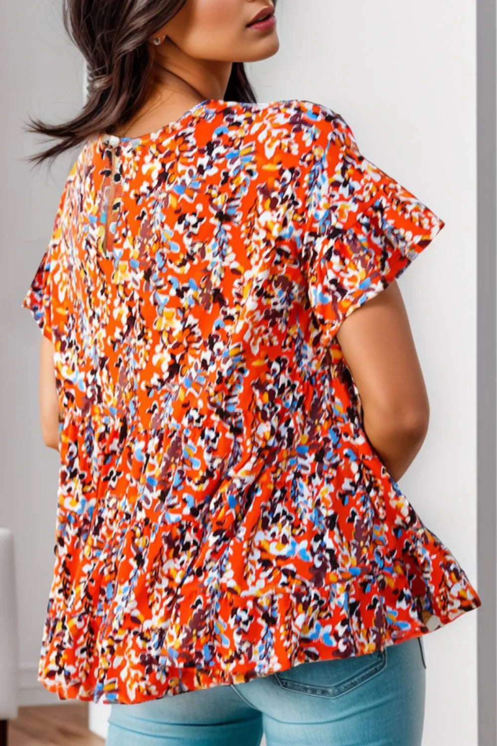 Plus Size Floral Round Neck Tiered Blouse - Plus Size Shirts by Trendsi | Available at Handbags Specialist Headquarter