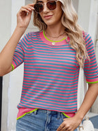 Striped Casual T-Shirt with Contrast Trim - Tops by Trendsi | Available at Handbags Specialist Headquarter