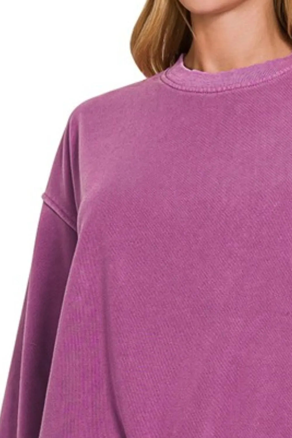 Zenana Soft Fleece Pigment Dye Round-neck Sweatshirts - Tops by Trendsi | Available at Handbags Specialist Headquarter