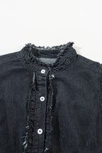 Button Down Raw Hem Ruffled Denim Shirt - Women / Jeans & Denim by Trendsi | Available at Handbags Specialist Headquarter