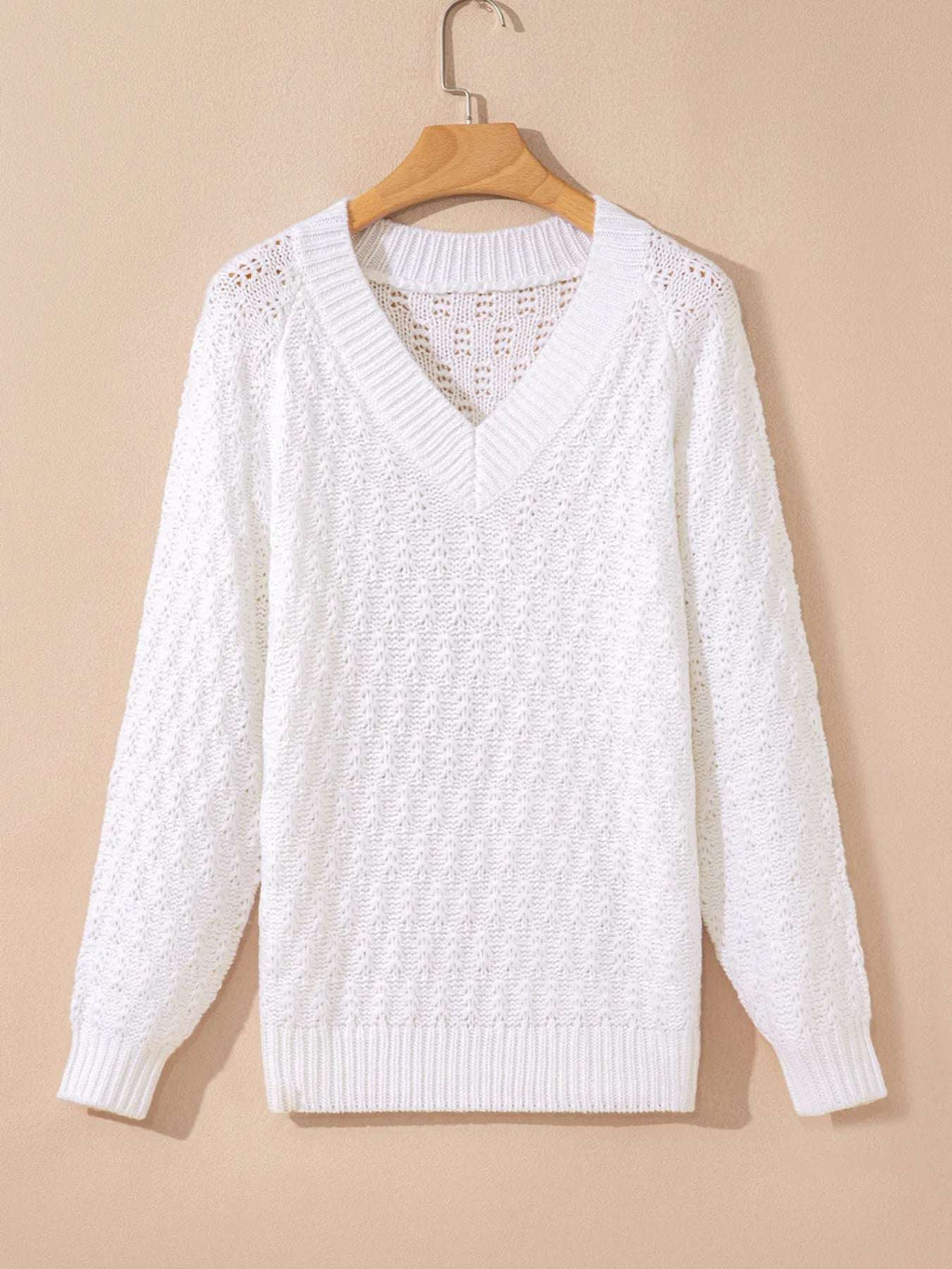 Textured Knit Ribbed Edge V Neck Loose Sweater - Tops by Trendsi | Available at Handbags Specialist Headquarter