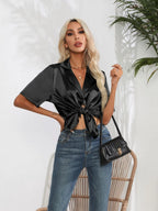 Button Down Short Sleeve Shirt - Women's Down Shirt Tops by Trendsi | Available at Handbags Specialist Headquarter