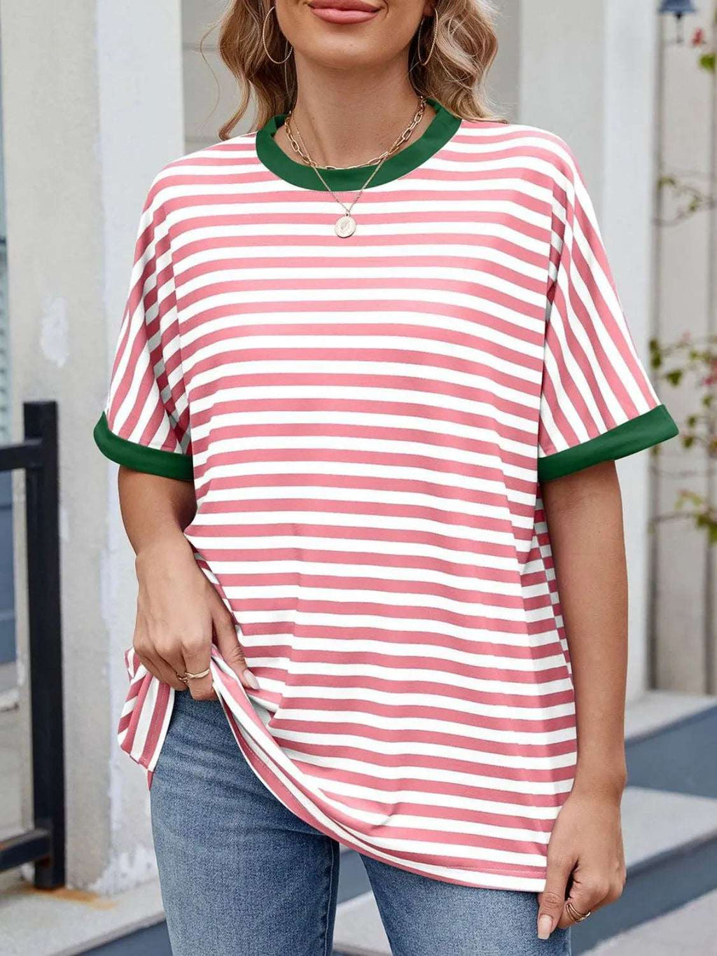 Striped Round Neck Half Sleeve T-Shirt - Women / Tops by Trendsi | Available at Handbags Specialist Headquarter