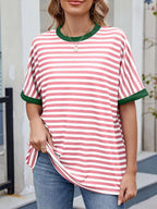 Striped Round Neck Half Sleeve T-Shirt - Women / Tops by Trendsi | Available at Handbags Specialist Headquarter