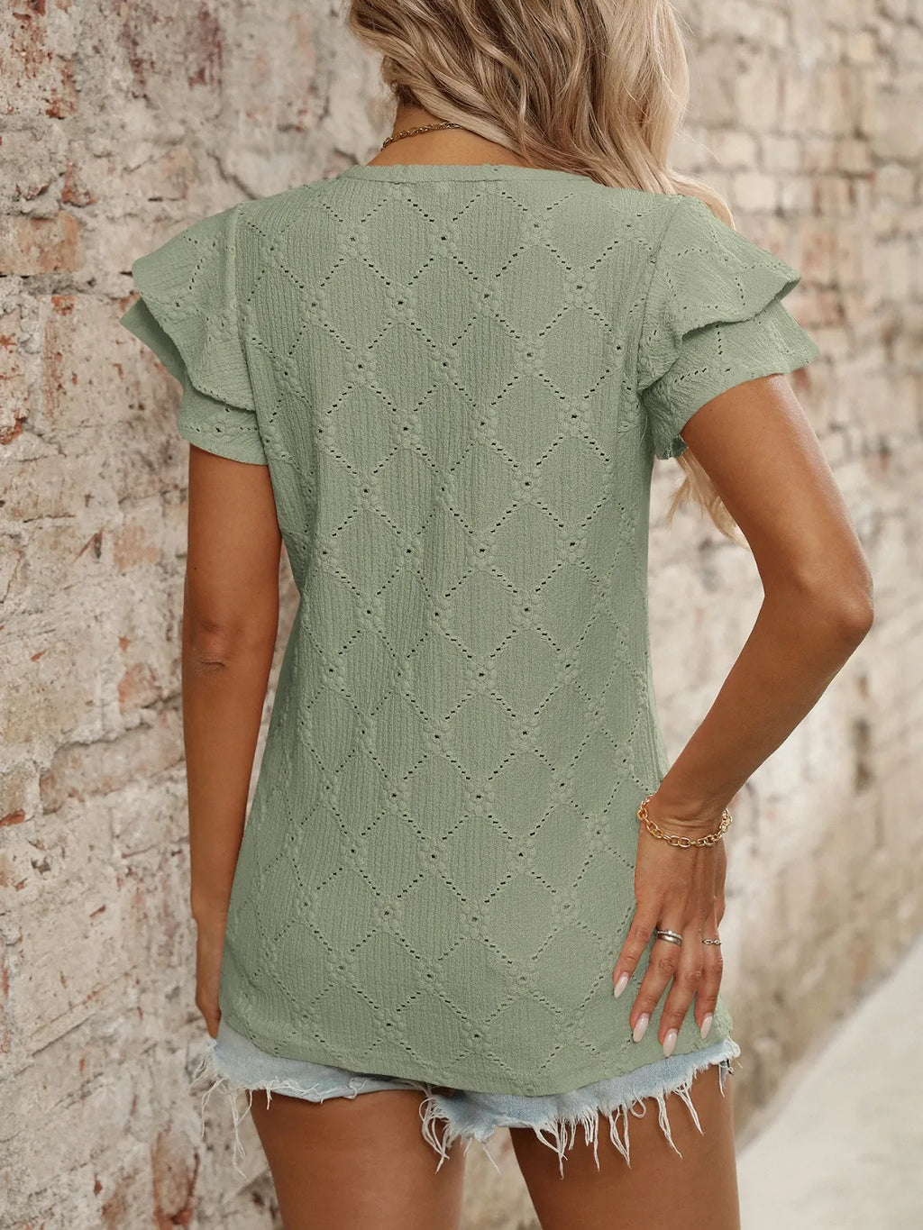 Eyelet V-Neck Ruffled Cap Sleeve Top - Tops by Trendsi | Available at Handbags Specialist Headquarter