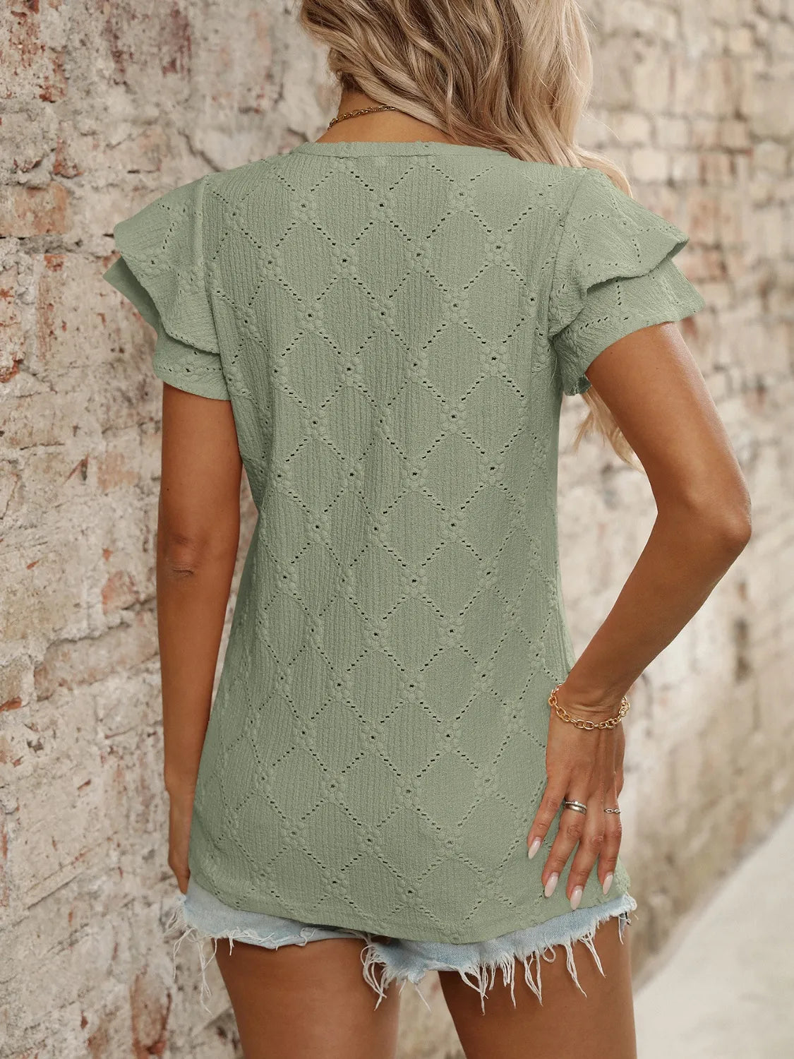 Eyelet V-Neck Ruffled Cap Sleeve Top - Tops by Trendsi | Available at Handbags Specialist Headquarter