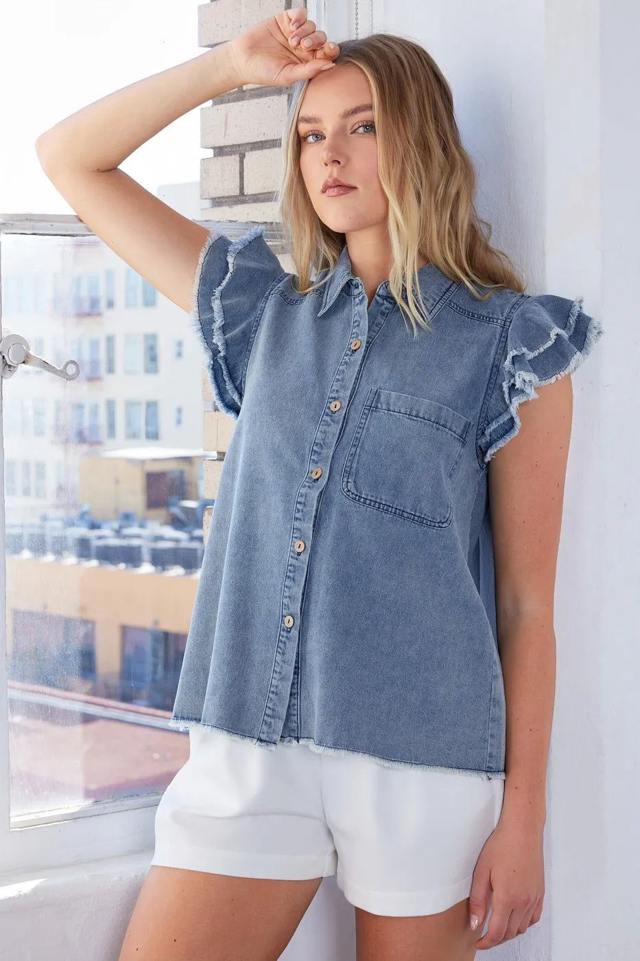 Mittoshop Washed Denim Ruffle Short Sleeve Collared Shirt - Women / Jeans & Denim by Trendsi | Available at Handbags Specialist Headquarter