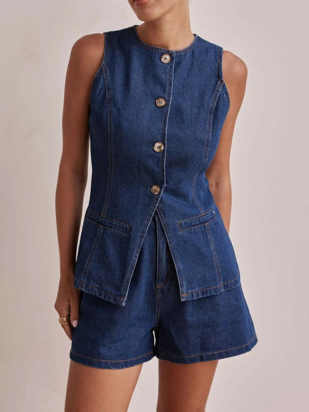 Button Down Vest and Shorts Denim Set - Women / Jeans & Denim by Trendsi | Available at Handbags Specialist Headquarter