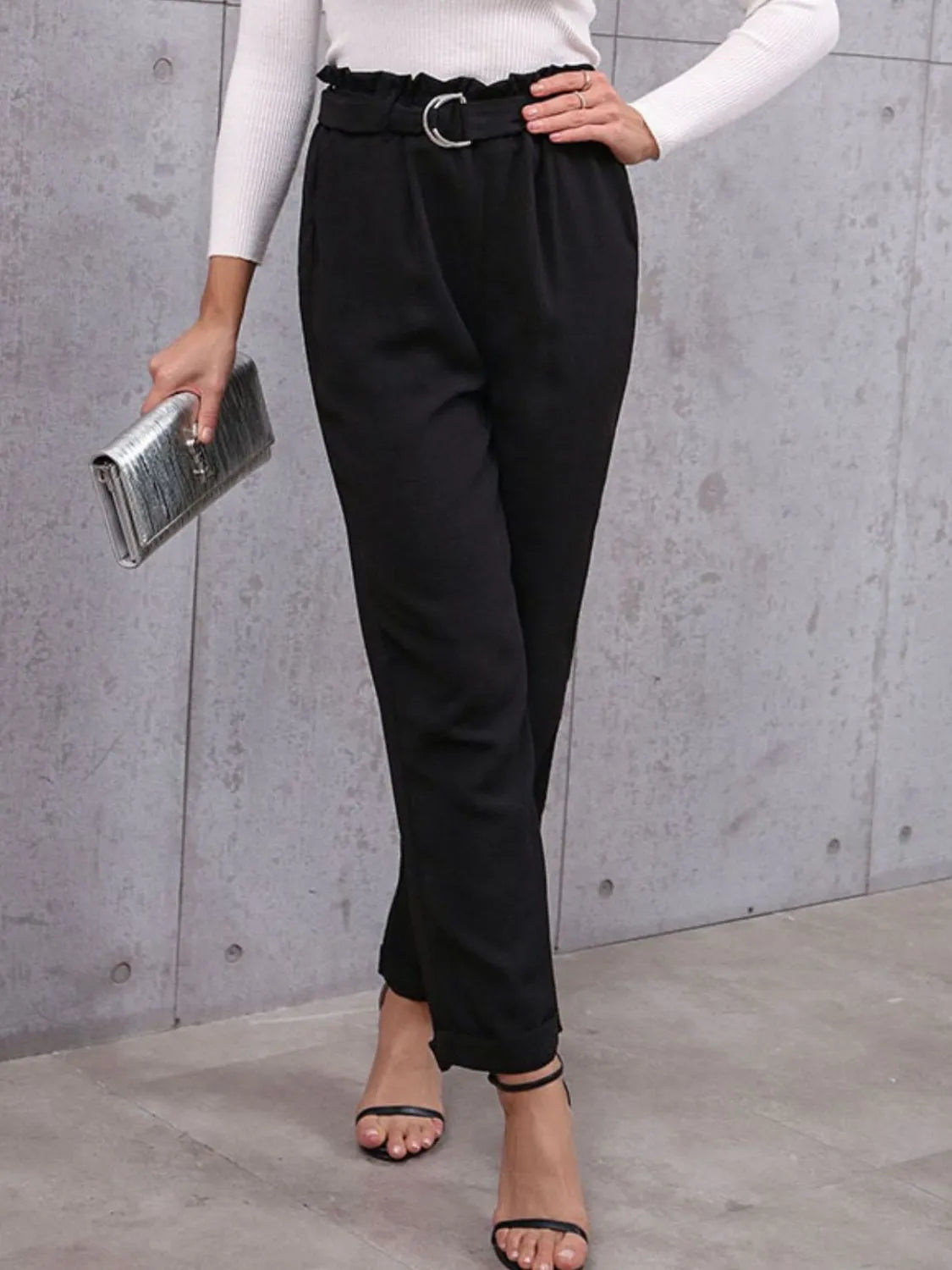 Belted Paperbag Waist Pants - Women Pants by Trendsi | Available at Handbags Specialist Headquarter