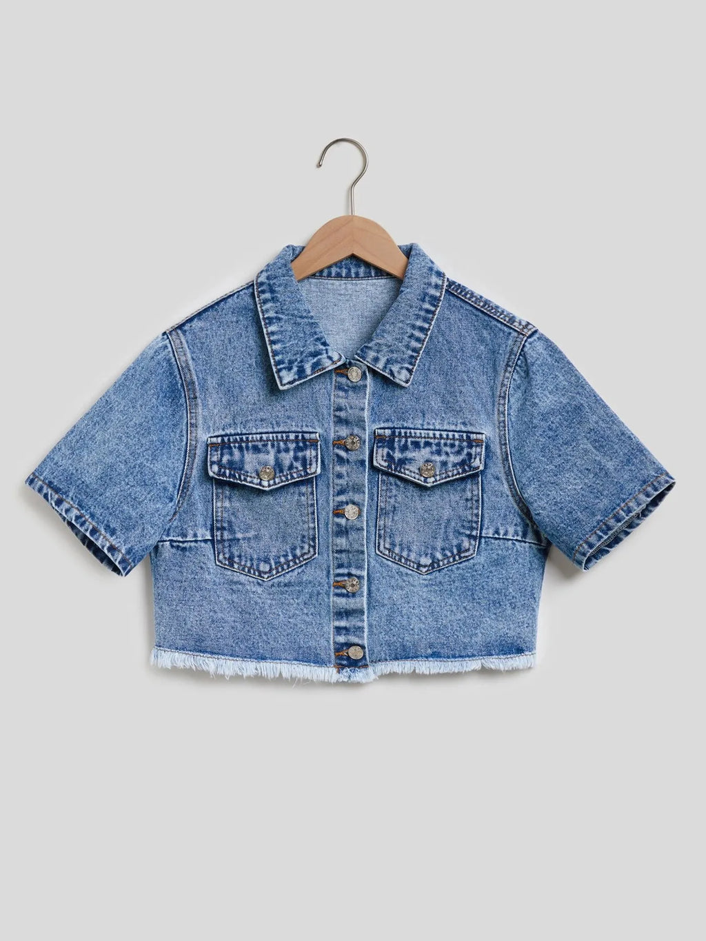 Cropped Short Sleeve Denim Jacket with Frayed Hem - Women / Jeans & Denim by Trendsi | Available at Handbags Specialist Headquarter