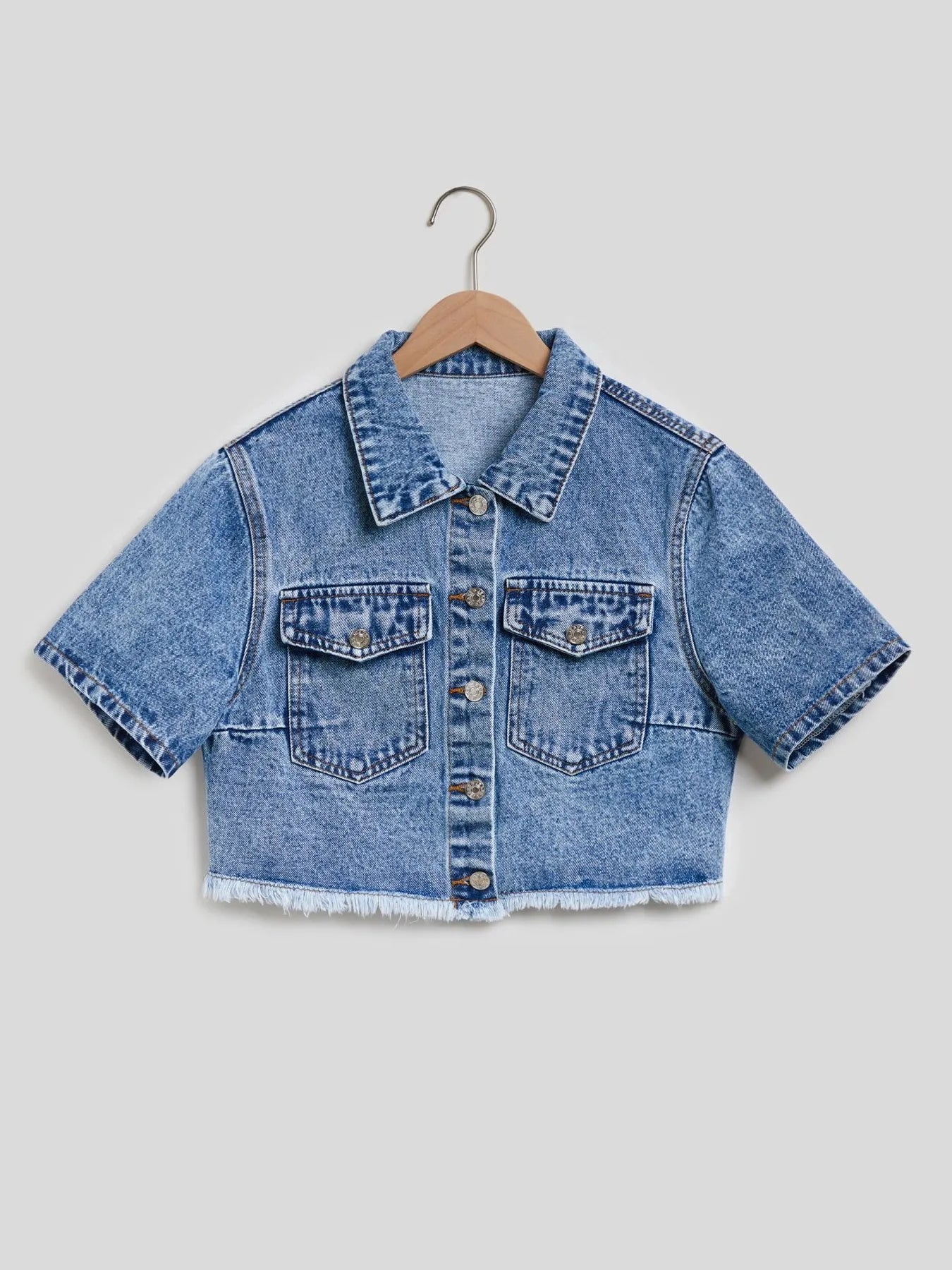 Cropped Short Sleeve Denim Jacket with Frayed Hem - Women / Jeans & Denim by Trendsi | Available at Handbags Specialist Headquarter