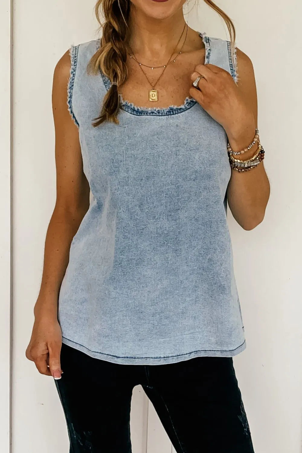 Mineral Wash Denim Frayed U Neck Sleeveless Top - Women / Jeans & Denim by Trendsi | Available at Handbags Specialist Headquarter