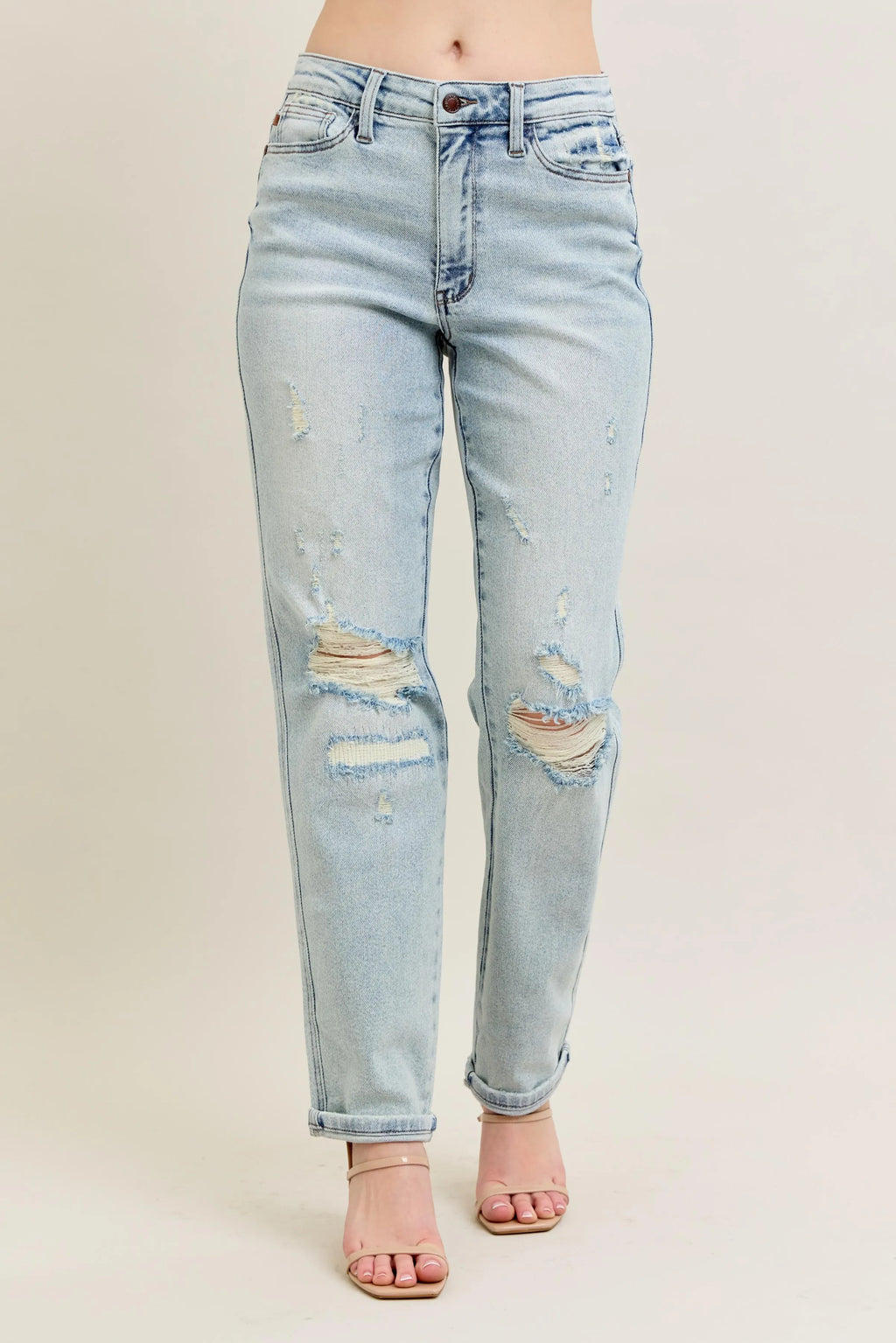 Judy Blue Full Size Mr Repair Stitch Detail Destroy Single Cuff Bf Jeans Plus Size - Women / Jeans & Denim by Trendsi | Available at Handbags Specialist Headquarter