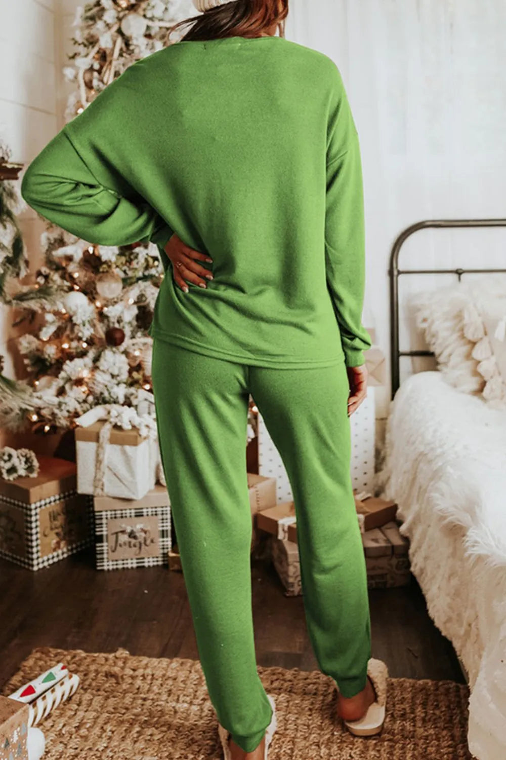 Sequin Socks Round Neck Long Sleeve Top and Pants Lounge Set - Sleepwear by Trendsi | Available at Handbags Specialist Headquarter