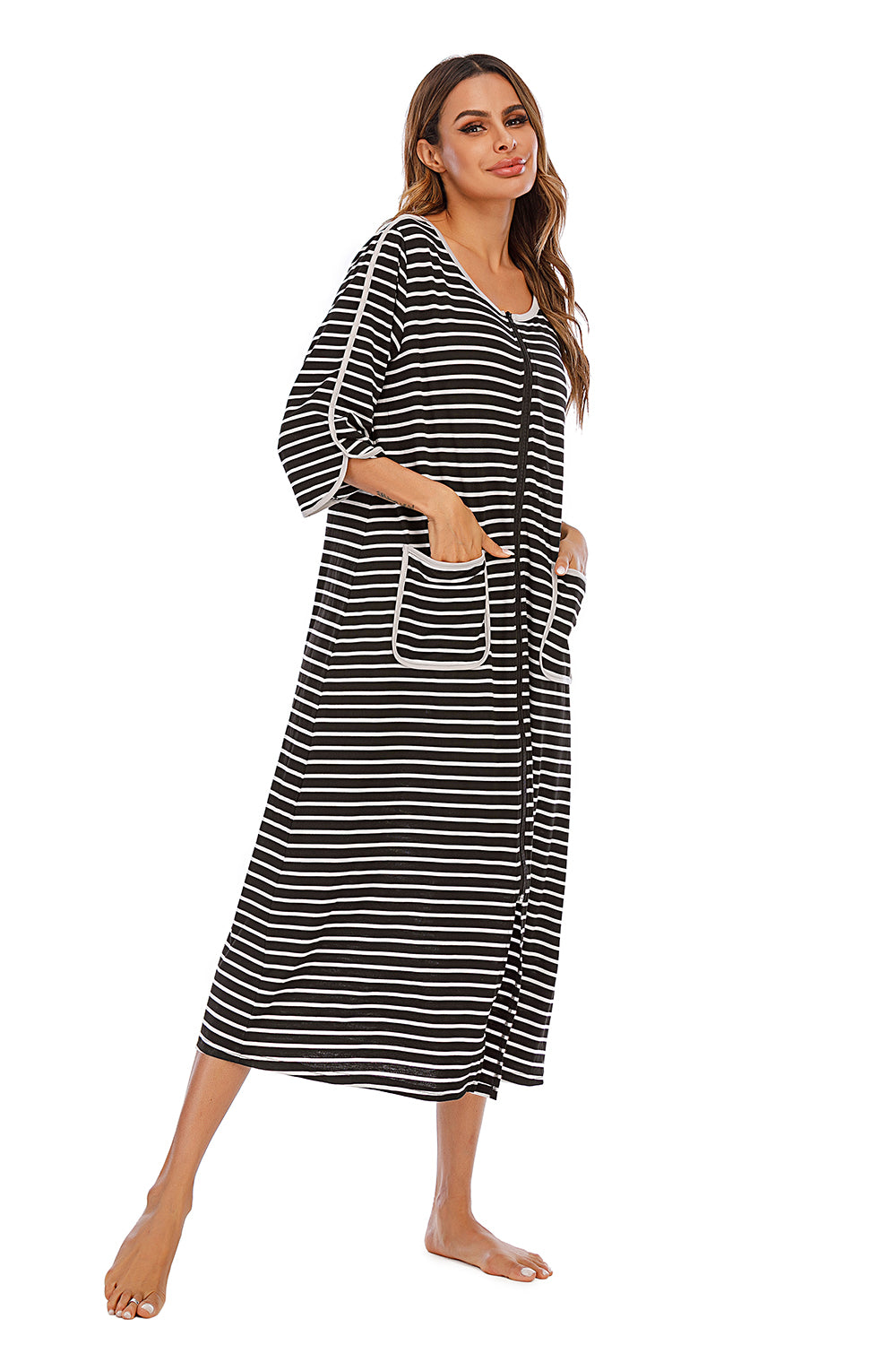 Round Neck Three-Quarter Sleeve Midi Night Dress - Sleepwear by Trendsi | Available at Handbags Specialist Headquarter
