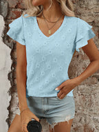 Eyelet V-Neck Ruffled Cap Sleeve Top - Tops by Trendsi | Available at Handbags Specialist Headquarter