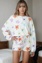 Printed Quarter Button Top and Drawstring Shorts Lounge Set - Sleepwear by Trendsi | Available at Handbags Specialist Headquarter