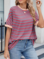 Striped Round Neck Half Sleeve T-Shirt - Women / Tops by Trendsi | Available at Handbags Specialist Headquarter