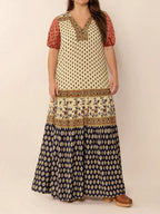 Plus Size Ruched Printed Short Sleeve Midi Dress - Dresses by Trendsi | Available at Handbags Specialist Headquarter