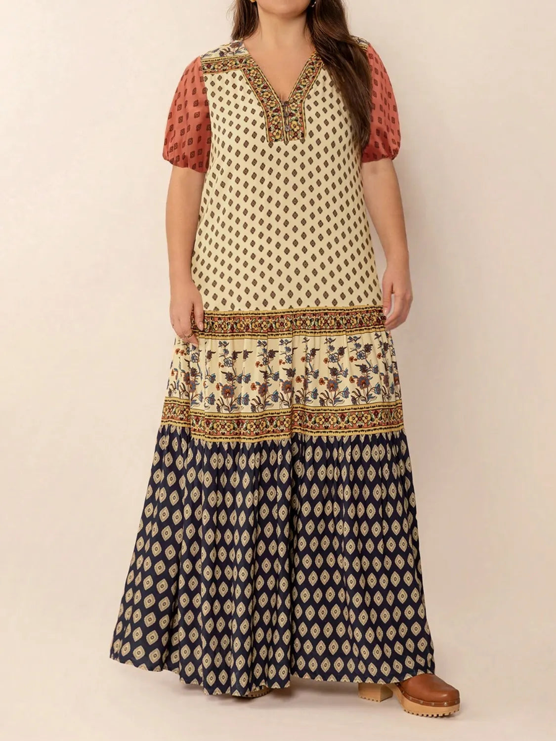 Plus Size Ruched Printed Short Sleeve Midi Dress - Dresses by Trendsi | Available at Handbags Specialist Headquarter