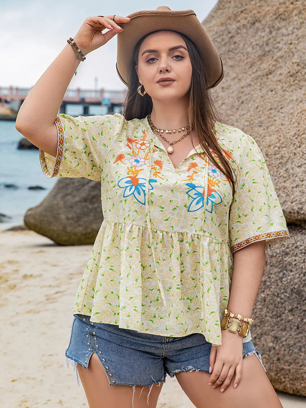 Plus Size Printed Tie Neck Half Sleeve Blouse - Plus Size Shirts by Trendsi | Available at Handbags Specialist Headquarter