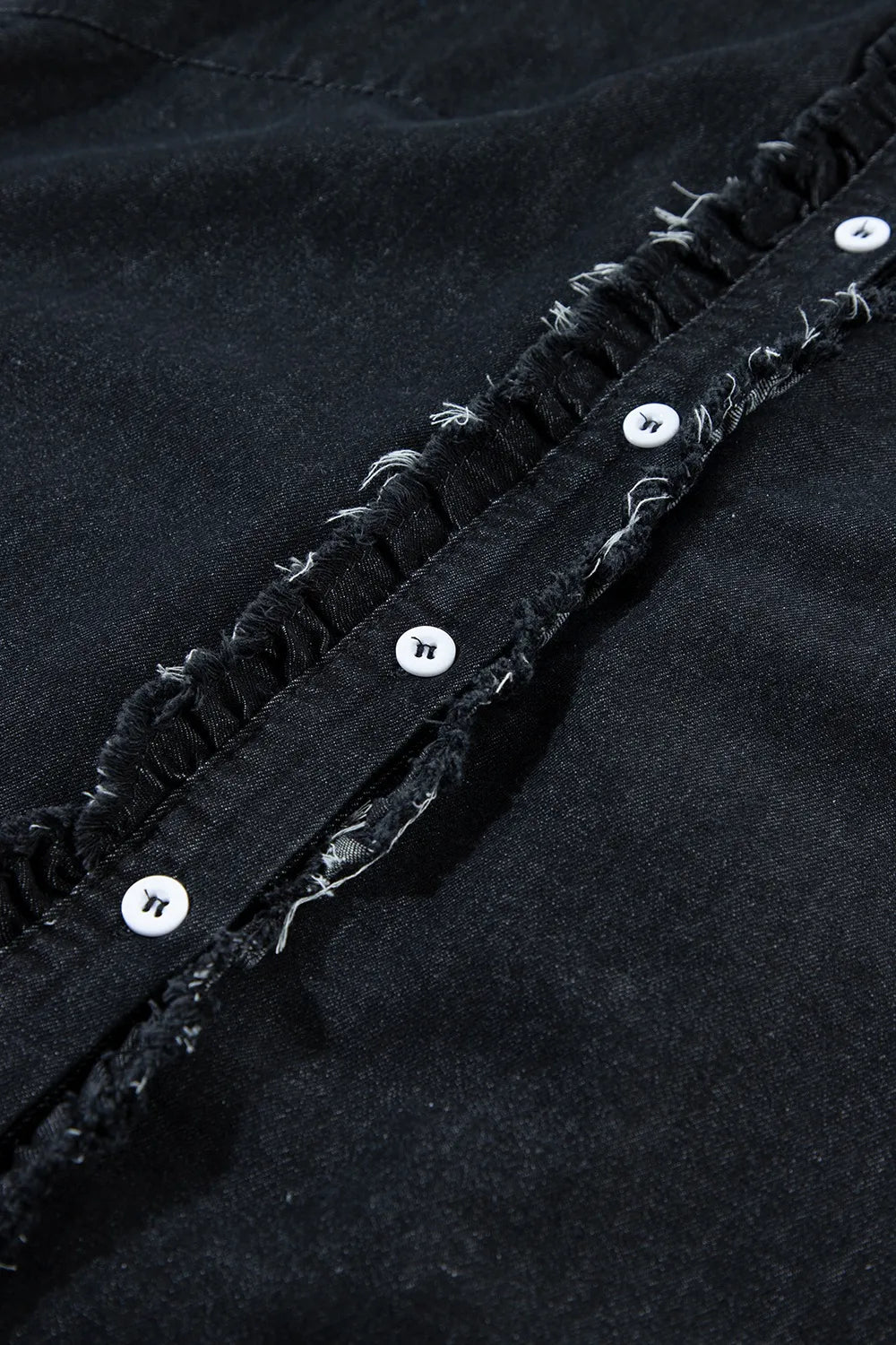 Button Down Raw Hem Ruffled Denim Shirt - Women / Jeans & Denim by Trendsi | Available at Handbags Specialist Headquarter