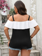 Plus Size Ruffled Contrast Short Sleeve Blouse - Plus Size Shirts by Trendsi | Available at Handbags Specialist Headquarter