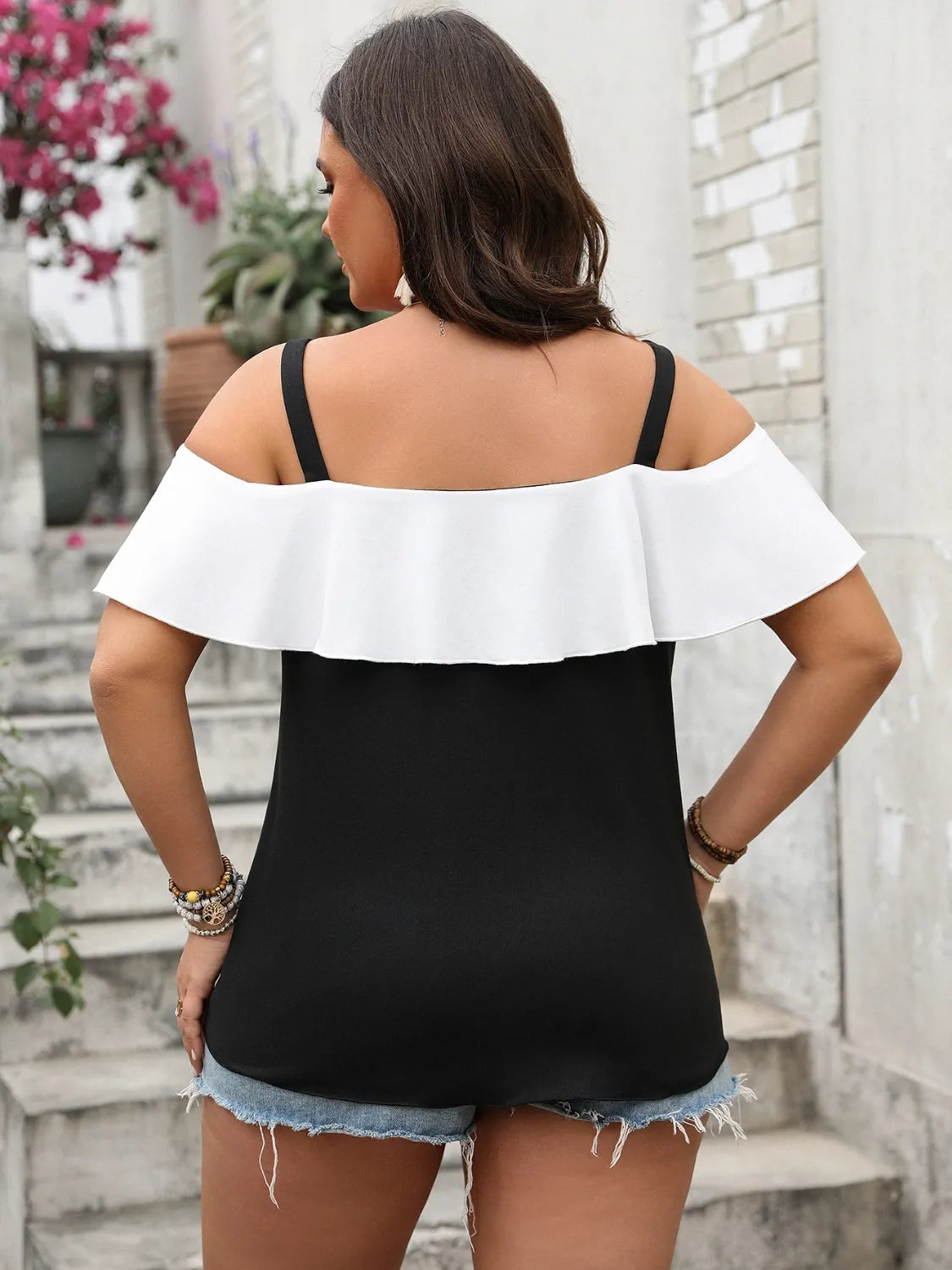 Plus Size Ruffled Contrast Short Sleeve Blouse - Plus Size Shirts by Trendsi | Available at Handbags Specialist Headquarter