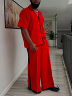 Crimson Chic Set: Short Sleeve & Wide-Leg Black Trim