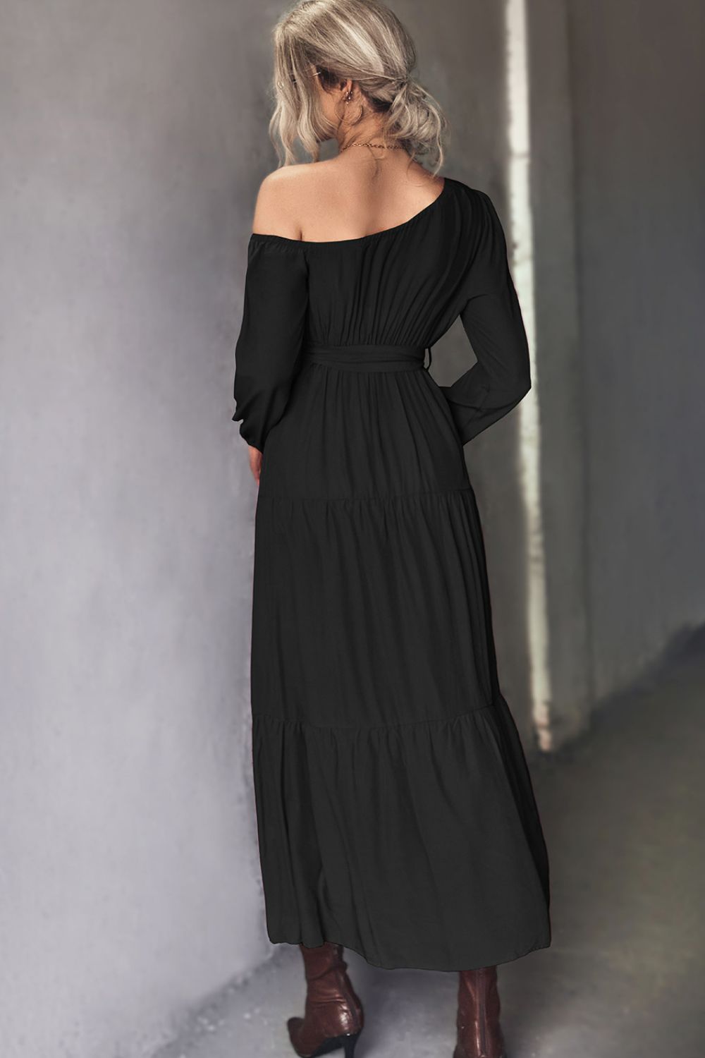 Belted One-Shoulder Tiered Maxi Dress - Maxi Dress by Trendsi | Available at Handbags Specialist Headquarter