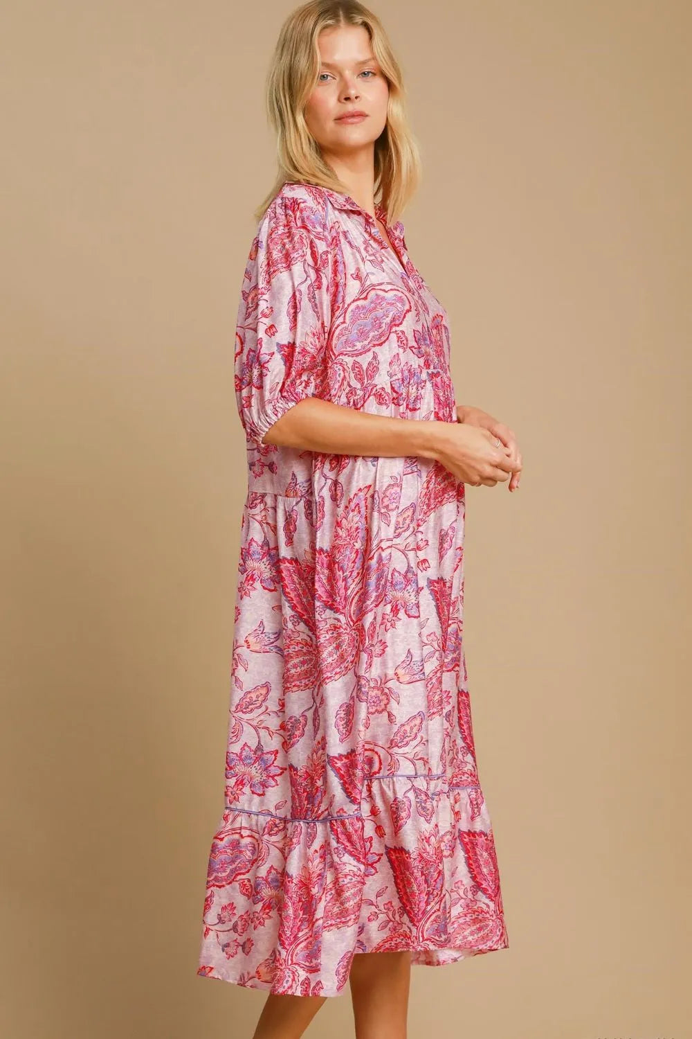 Umgee Full Size Ruffled Hem Floral Paisley Print Half Sleeve Midi Dress Plus Size - Dresses by Trendsi | Available at Handbags Specialist Headquarter