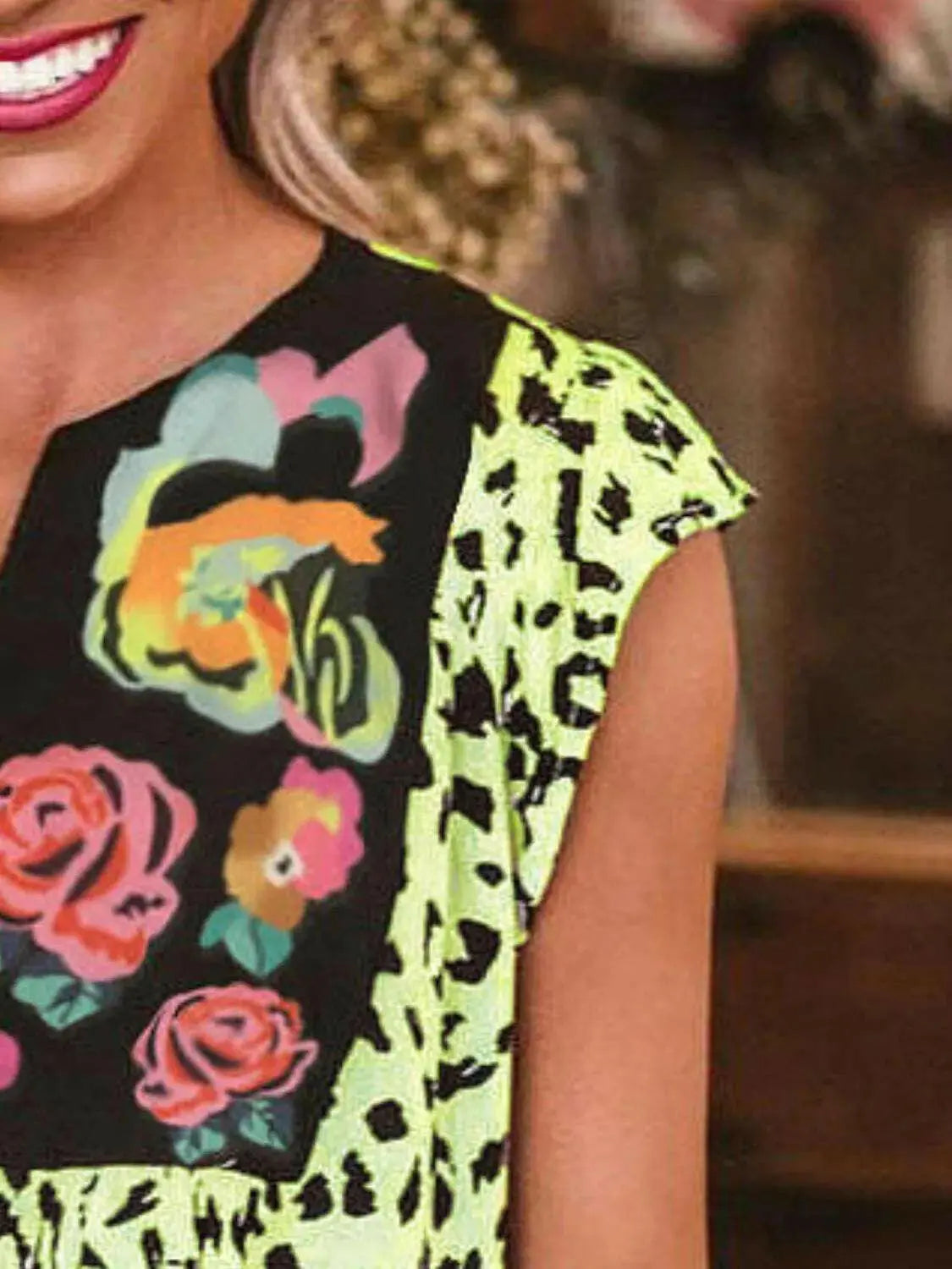 Full Size Leopard Floral Notched Cap Sleeve Blouse Plus Size - Women Plus Size by Trendsi | Available at Handbags Specialist Headquarter