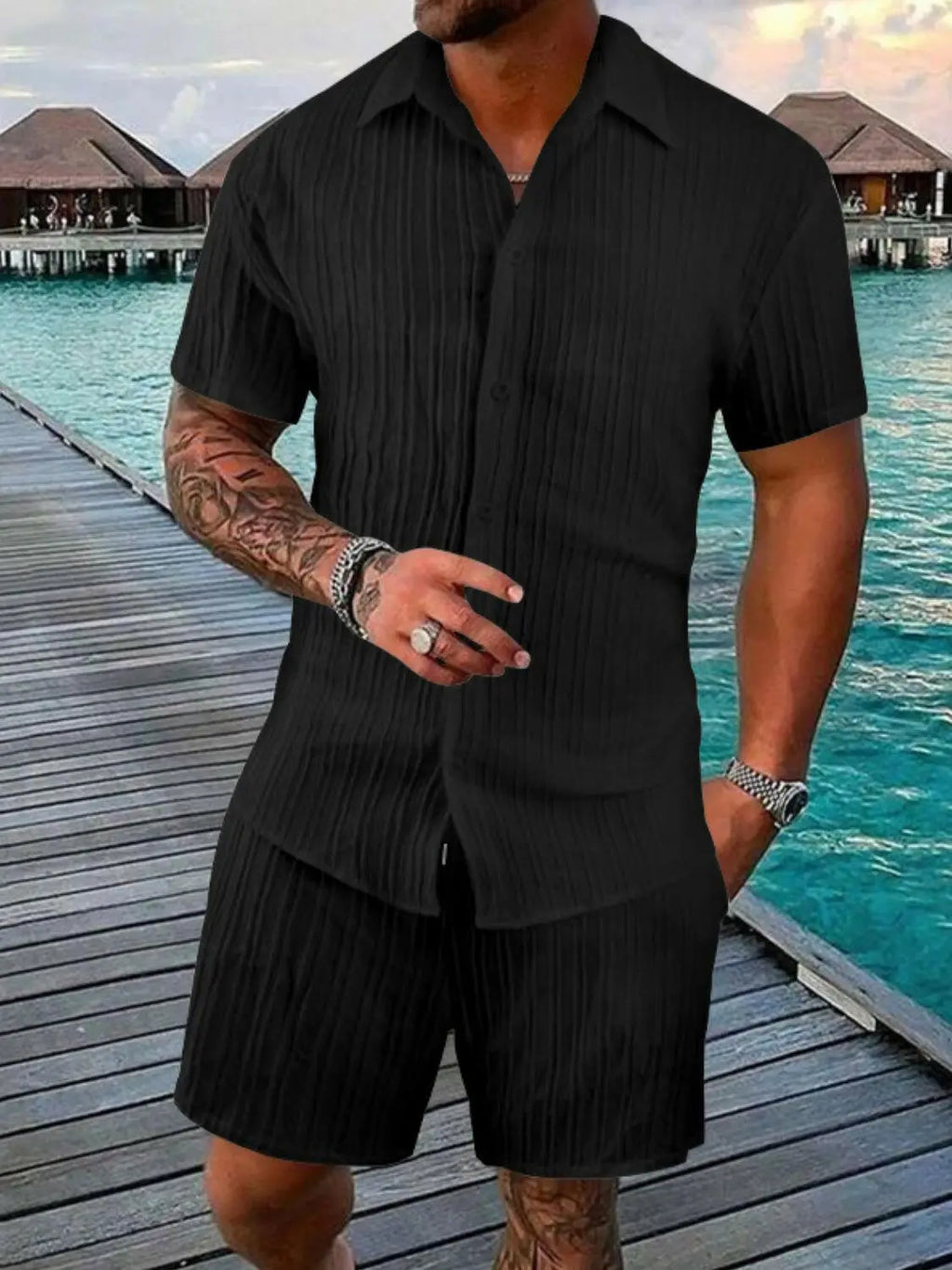 Men's Full Size Button Down Short Sleeve Shirt and Shorts Set Plus Size - Men's Sets by Trendsi | Available at Handbags Specialist Headquarter