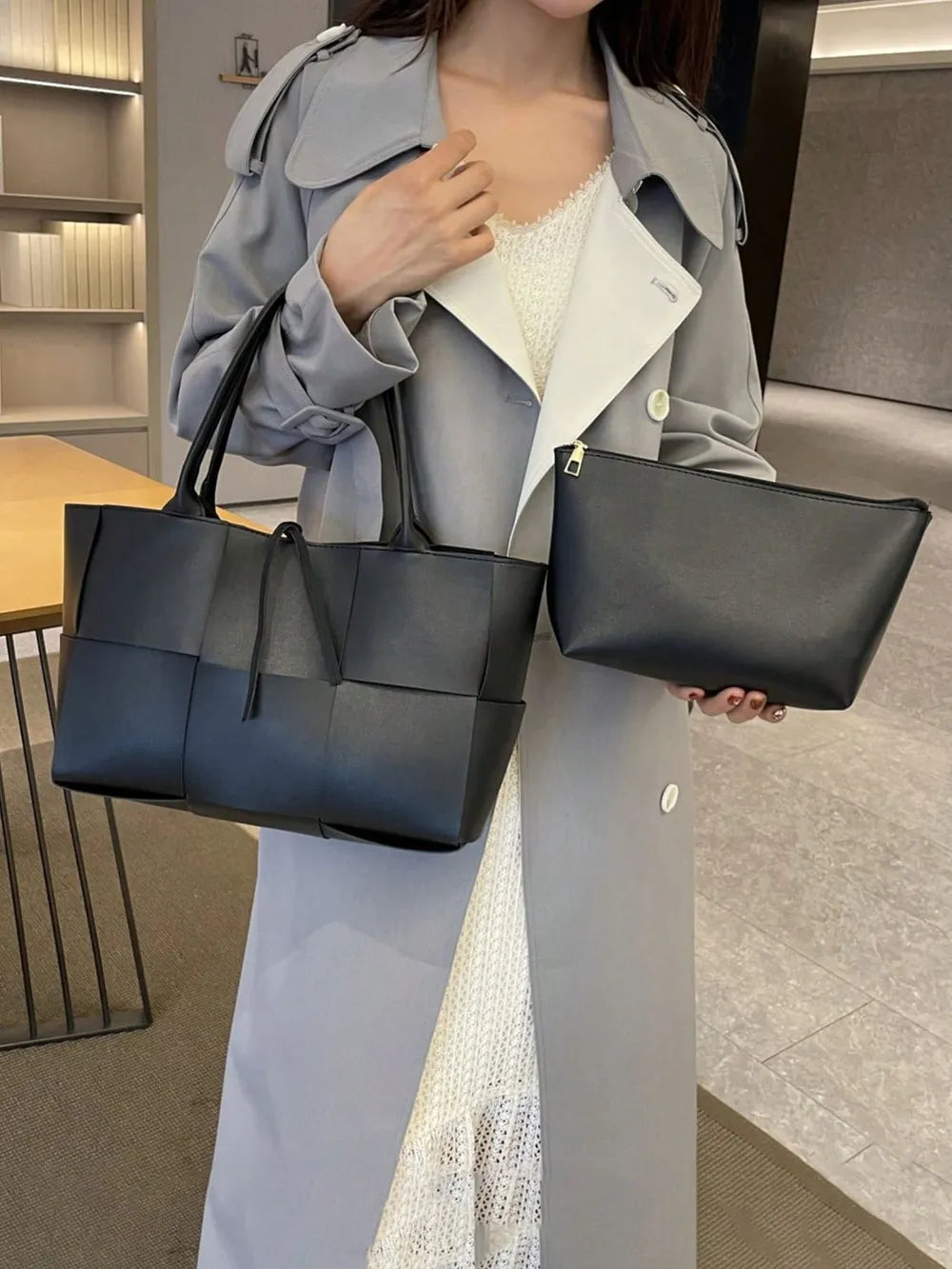 PU Leather Woven Handbag and Clutch Set - handbags by Trendsi | Available at Handbags Specialist Headquarter